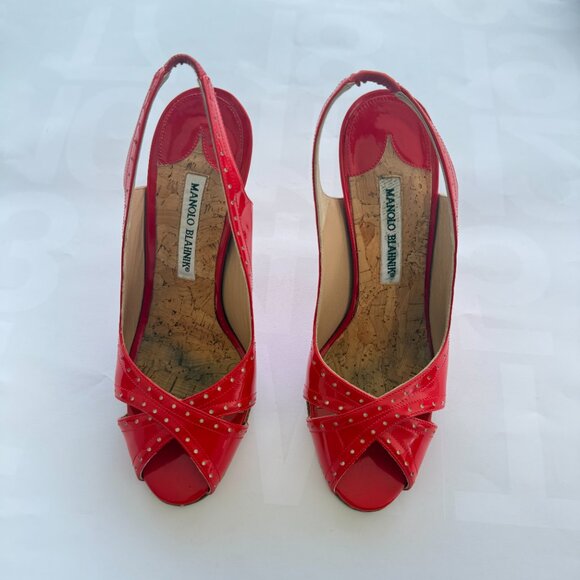 Vintage Manolo Blahnik Red Patent Leather Slingback Heels - Picture 3 of 7